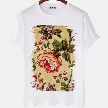 Imagem de Camiseta masculina Papel de Parede Flores Floral Arte Camisa Blusa Branca Estampada