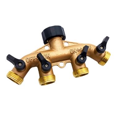 Imagem de C/H Divisor de mangueira de jardim de latão resistente de 4 vias, conector de torneira de mangueira, conector de mangueira de 1,9 cm, conector de mangueira de jardim com válvulas de ligar/desligar individuais, adaptador de torneira de mangueira