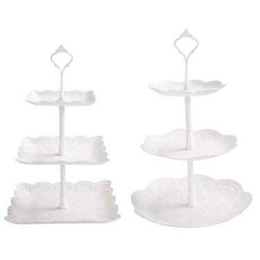 Imagem de Conjunto de 2 suportes de bolo de sobremesa branco de 3 camadas, suporte de massa de plástico pequeno suporte de cupcake bandeja de biscoito para doces conjunto de prato de frutas e bandejas para decoração de festa de casamento em casa aniversário bandeja para servir