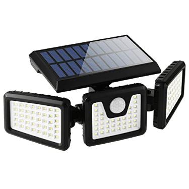 Imagem de Luzes com sensor de movimento solar para ambientes externos, 3 cabeças, luzes de segurança alimentadas por energia solar, holofote com 70 LEDs, holofotes detectados por movimento para