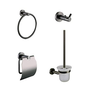 Imagem de Conjunto de ferragens de banheiro redondo de ouro escovado anel de toalha de metal cinza gancho de roupão de roupão de escova de banheiro suporte de papel de banheiro acessórios, cinza conjunto de 4 peças