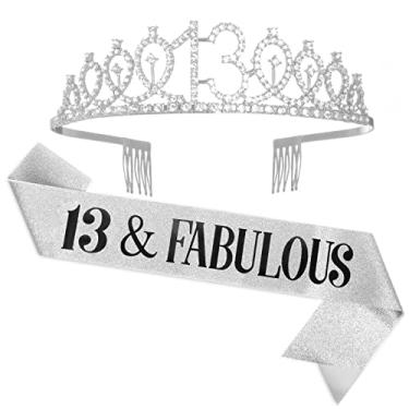 Imagem de UVATAHONA Faixa e tiara de aniversário de 13 anos para meninas, faixa fabulosa e coroa de aniversário de 13 anos, presentes de feliz aniversário de 13 anos para meninas, suprimentos e decorações de