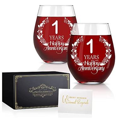 Imagem de Perfectinsoy Conjunto de 2 copos de vinho de feliz aniversário de 1 ano, de 1º aniversário para mãe, pai, alma gêmea, casal, vintage engraçado exclusivo personalizado, presentes de 1 ano, feliz primeiro aniversário