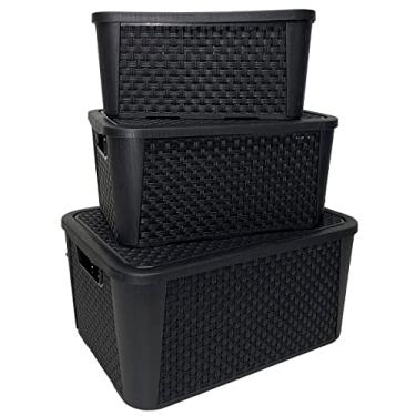 Imagem de Kit 3 Caixas Organizadoras Casa Decoração Rattan Preta Pequena Media Grande