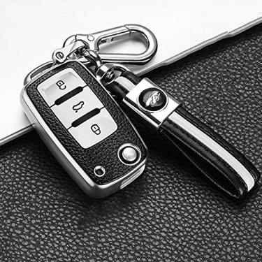 Imagem de YJADHU Capa de chave de carro de TPU masculina feminina, adequada para Volkswagen VW 4 5 6 Bora Jetta POLO Passat B5 B6 Skoda Octavia Fabia SEAT Ibiza Leon, chaveiro prata