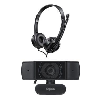 Imagem de Combo Tech - Webcam Rapoo 720p Foco Automático e Headset Rapoo USB Microfone Sem Ruído Preto - RA0200K