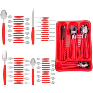 Imagem de Kit Faqueiro Berlim Vermelho Inox 48 Pçs C/ 2 Porta Talheres