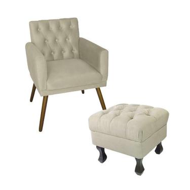 Imagem de Kit Poltrona Emilia E Puff Retrô Para Sala Quarto Suede Bege - LM DECOR