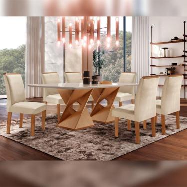 Imagem de Conjunto Sala De Jantar Genova Tampo Vidro/MDF com 6 Cadeiras Luísa Smart Plus Cel Móveis Cinamomo/Off White/Bege
