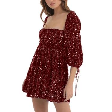 Imagem de UIFLQXX Vestido feminino solto com lantejoulas, casual, gola redonda, manga curta, cor sólida, vestido de noite, vestidos de coquetel, Vermelho, G
