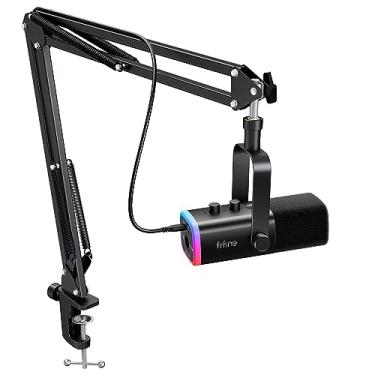 Imagem de FIFINE conjunto de microfone para jogos XLR/USB, mic dinâmico para PC para podcasting, kit de microfone RGB para computador com suporte para braço de lança,para gravação de voz vocal-AM8T Preto