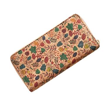 Imagem de Carteiras femininas com vários porta-cartões, bolsa clutch feminina, carteira vegana de cortiça longa com zíper, Folhas de cortiça, 19 x 10 x 3 cm, Bolsa feminina