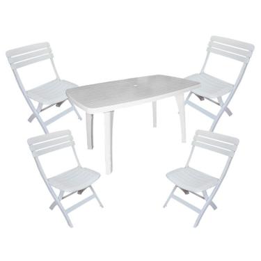 Imagem de Conjunto de Mesa de Plástico Retangular Desmontável Tiradentes com 4 Cadeiras Dobrável Diamantina Branco