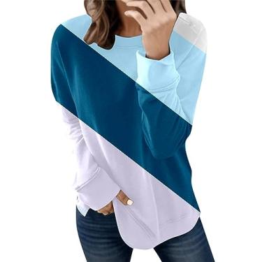 Imagem de Moletom leve para mulheres túnica oversized top patchwork pulôver de manga comprida Estampado Meninas adolescentes Imprimir Na cores Versátil feminino Emenda de bloco de cores F33-Azul XX-Large
