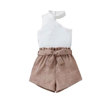 Imagem de Floerns Conjunto de 2 peças de camiseta regata e shorts com cinto para meninas pequenas, Branco e marrom, 1 Anos