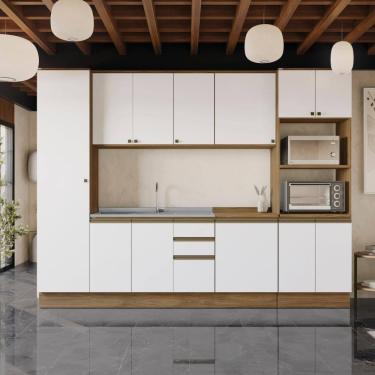 Imagem de Cozinha Modulada Celeste Kappesberg 100% MDF Nogueira/Branco 300cm