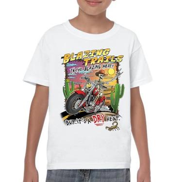 Imagem de Camiseta juvenil Blazing Trails Skeleton Biker Riding Motorcycle Dry Heat Highway Cowboy Skull Cactus Southwest Kids, Branco, M