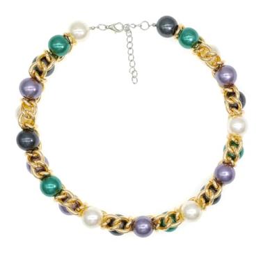 Imagem de Colar de pérolas grandes para mulheres colar de declaração de pérolas grandes e grossas, bijuterias simuladas de pérolas, colar de elos de corrente para festa de formatura de casamento, Pérola, Pérola sintética