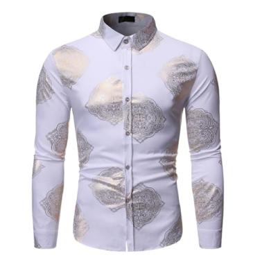 Imagem de Camisa masculina casual Hot Stamping Slim Fit manga comprida combinando com botões frontais, Branco, XG