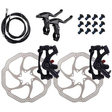 Imagem de Kit de freio a disco de bicicleta, kit de freio a disco dianteiro e traseiro de bicicleta, 2 peças de aço inoxidável 160 mm rotores, cabo, alavanca de freio e um par de alavancas de freio de bicicleta