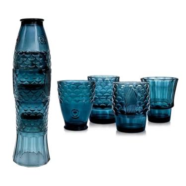 Imagem de DDMDBYHRY Copos de vidro empilháveis à moda antiga, conjunto de 4 copos de design de peixe, conjunto de copos estéticos de peixe Koi, copos azuis escuros para beber, 250 ml x 4 peças