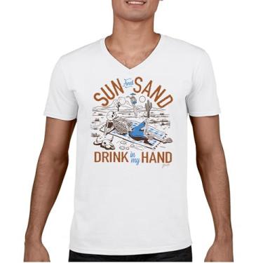 Imagem de Camiseta Sun and Sand Drink in My Hand gola V But its a Dry Heat Funny Skeleton Desert Summer Beach Vacation Tee, Branco, M
