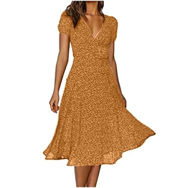 Imagem de Vestidos de manga curta para mulheres, decote em V, decote quadrado, floral, maxi longo, camisa havaiana, vestidos femininos 2024, D-116 amarelo mostarda, P