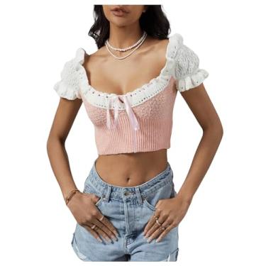 Imagem de BEAUDRM Camiseta feminina de verão com estampa colorida e ombro de fora, rosa, M
