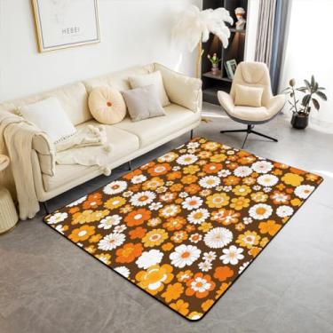 Imagem de jejeloiu Tapete de área 60S 70S Groovy 70S 3x5 Retro Hippie Flower Indoor Tapete Vintage Boho Planta Floral Tapetes de sala de estar Botânico Flor Marrom Tapete com detalhes