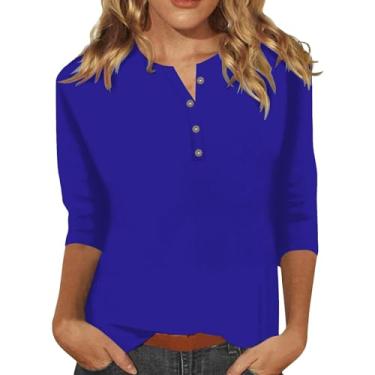 Imagem de Camisetas femininas de verão gola Henley manga 3/4 comprimento abotoadas blusa básica cor sólida túnica leve, Azul, XXG