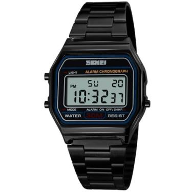 Imagem de Relógio masculino PASOY Digital dourado de aço inoxidável, retroiluminado, multifuncional, cronômetro, impermeável, esportivo, Preto, Medium