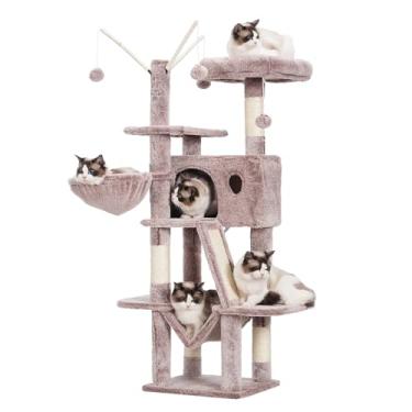 Imagem de Hey-brother Árvore para gatos, torre para gatos de 134 cm para ambientes internos, casa para gatos com cama de plataforma acolchoada, bolas de brinquedo, condomínio grande e aconchegante, redes e