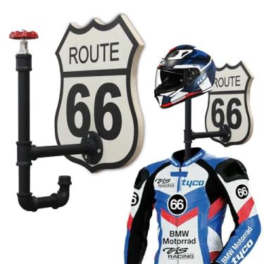 Imagem de Suporte de parede para capacete, suporte de capacete de motocicleta feito de tubo industrial e padrão de rota 66 de madeira, gancho de capacete para casacos, bonés, bolas de beisebol e capacete de