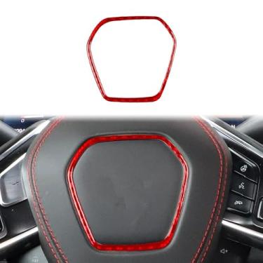 Imagem de 1 peça moldura interna do volante do carro preto e vermelho cor fibra de carbono decoração compatível com chevrolet corvette c8 2020-2024 acessórios para carro(Red Carbon Fiber)