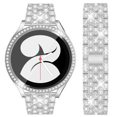 Imagem de DEALELE Pulseiras compatíveis com Samsung Galaxy Watch 4 de 40 mm/44 mm, pulseira de aço metálico com strass brilhante com capa protetora + protetor de tela de vidro temperado (prata)