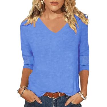 Imagem de ZUNQKG Camiseta feminina gola V manga 3/4 raglã patchwork macio casual moderno verão blusa tops tops, 02 - azul liso, GG