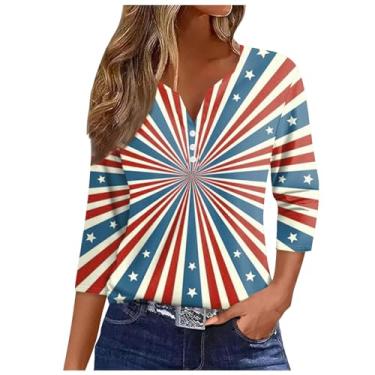 Imagem de Camiseta feminina com bandeira dos EUA, manga 3/4, gola V, botões, blusas, 4 de julho, Memorial Day, Bege, G