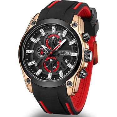 Imagem de MEGIR Relógios masculinos cronógrafo à prova d'água luminoso pulseira de silicone relógios multifunções para homens relógio de pulso masculino com calendário de quartzo, Vermelho e preto - 2144,