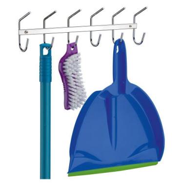 Imagem de Suporte Multiuso De Parede 6 Ganchos Aço Para Vassoura Toalhas Roupas 