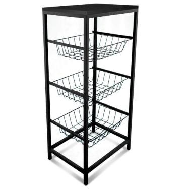 Imagem de Fruteira De Cozinha De Chão Montreal Em Aço E Mdf 3 Cestos Preto e Pre