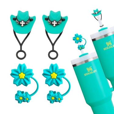 Imagem de LUHOHI Acessórios azul-petróleo para Stanley Cup - Capa de palha de silicone, 2 peças, topos de flores, 2 peças, chapéu de palha de caubói para copos Stanley 1,134 g, acessórios modernos simples