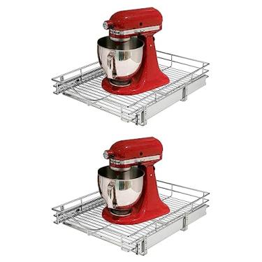 Imagem de DINDON Organizador de armário removível, (50,8 cm L x 53,3 cm D) Prateleira de gaveta deslizante de metal resistente, organizador de armários de cozinha sob a pia do banheiro e prateleiras deslizantes de armazenamento, cromado, 1 nível, 2 pacotes