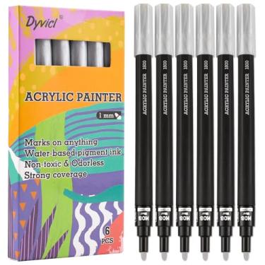 Imagem de Dyvicl Canetas de tinta prata, marcadores de tinta acrílica prata para pintura de rochas, pedra, cerâmica, vidro, madeira, tecido, tela, metal, artesanato DIY, pacote com 6 marcadores de tinta acrílica de ponta fina