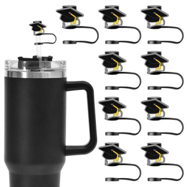 Imagem de Whaline 10 pçs boné de graduação capa de palha chapéu preto graduado canudos pontas capa reutilizável bonito protetor de palha para canudos de 1 cm, acessórios de copo