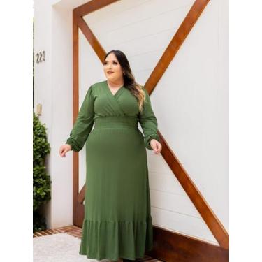 Imagem de Vestido Longo Plus Size Manga Longa Lastex na Cintura - luh may, Verde