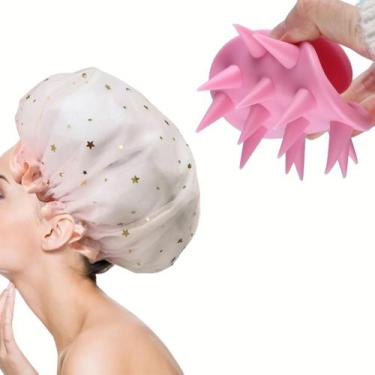 Imagem de Kit Cuidados Cabelos Escova Massageadora Com Touca Para Banho Impermeá