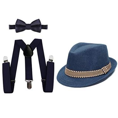 Imagem de HIHCBF Conjunto de acessórios para fantasia infantil anos 20, roupas de festa para meninos, suspensórios ajustáveis, gravata borboleta pré-amarrada, aba curta, chapéu Fedora azul-marinho 3-6T