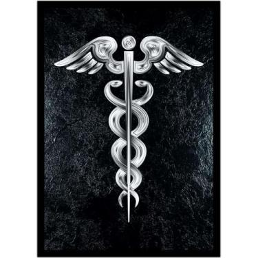 Imagem de Quadro Decorativo Medicina Bastão De Esculápio Asclépio Prata Fundo Pr