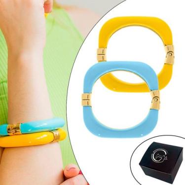 Imagem de Kit 02 Braceletes Quadrado com Aplique Resina Azul e Amarelo 78mm Ouro