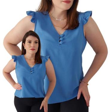 Imagem de Blusa Social Regata Babado Bufante Feminina Botões Tecido Viscolinho -